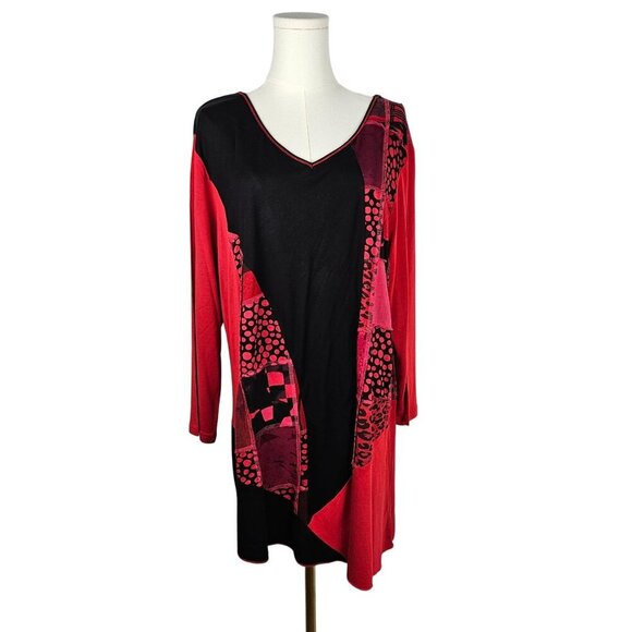 Parsley & Sage 2X Red Black Patchwork Long Sleeve Tunic Top Lagenlook - Picture 1 of 8